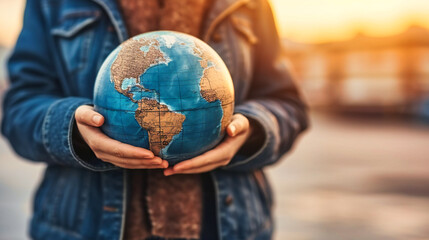 Global Ecology Concept: Human Hands Holding a Globe, Symbolizing Environmental Care and Conservation