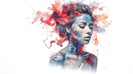 Mental health concept. Psychotherapy and mental issues concept. Woman in paint splatter in hair.