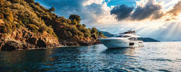 A luxury yacht cruises near a sunlit rocky coastline under a partly cloudy sky.