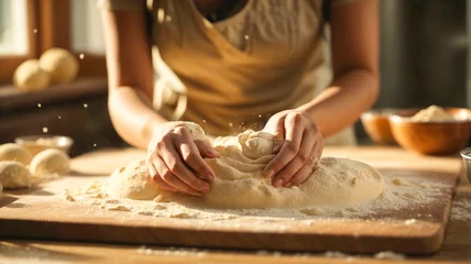 Gordijnen Mothers hands expertly kneading bread dough on a wooden table © Марина Андриянова
