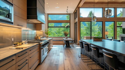 A modern mountain home with a gourmet kitchen that inspires creativity and culinary exploration, incorporating natural materials and modern appliances