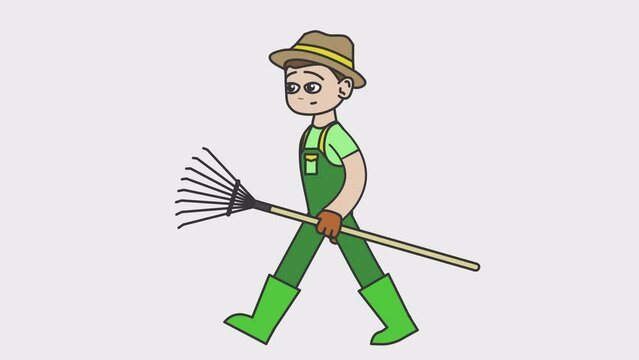 2d animation of walking white male gardener holding a rake. Looped 4K video with alpha-channel.