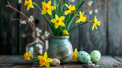 Daffodil flowers and Easter eggs on the table. Selective focus.