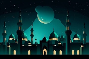 Night mosque architecture design for Ramadan Kareem Eid greetings on social media, wall art canvas painting. Generative AI