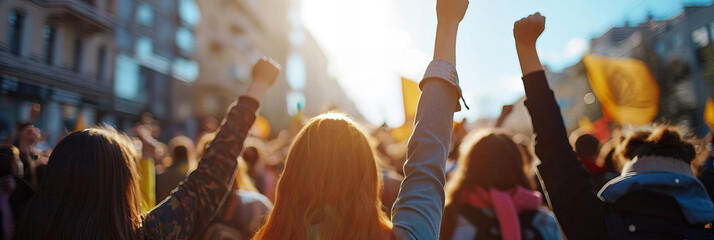  women raising fists at parade,  international women day and the feminist movement - obrazy, fototapety, plakaty