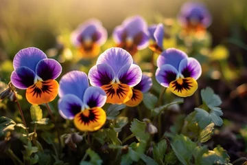 Foto op Canvas A collection of vibrant pansies amidst a grassy field with leaves by the side, accompanied by a blurry background. Generative AI © Endellion