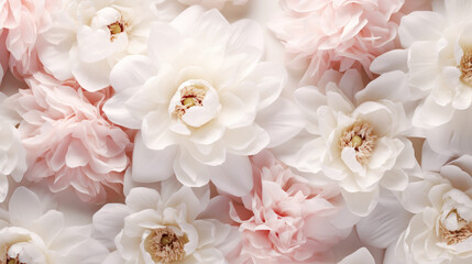 Aesthetic background with tender white and pink peonies. Copy space. Invitation or greeting concept. Generative AI