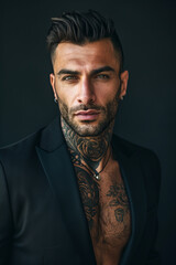  tanned skin, hot and attractive Italian mafia billionaire with a tattoo on his neck , wearing a luxurious black suit. Looking at camera with piercing and sensual gaze .