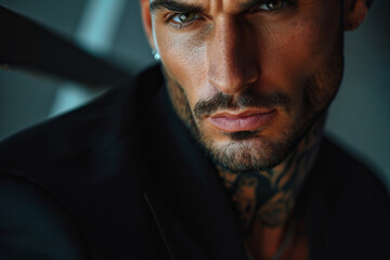 tanned skin, hot and attractive Italian mafia billionaire with a tattoo on his neck , wearing a luxurious black suit. Looking at camera with piercing and sensual gaze . - obrazy, fototapety, plakaty