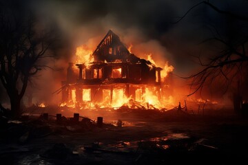 Burning wooden house in forest fire. Dark silhouette of burning house in fire and smoke - 717839489
