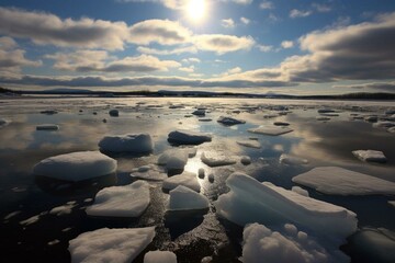Water, ice chunks, sun, clouds, climate change. Generative AI