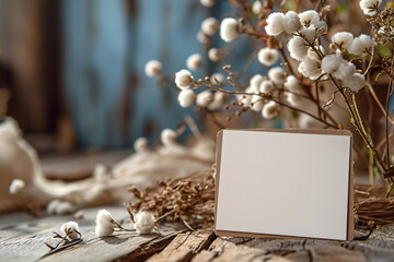 Post paper Card Mockup, Wedding Invitation card Mockup Flat lay Photography against the dried plant and white flowers