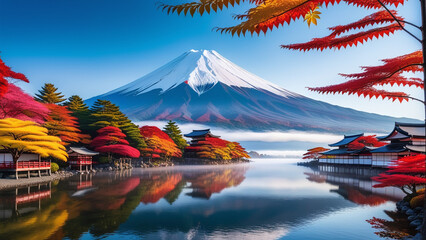 Mount Fuji’s Reflection Amidst Vibrant Foliage and Architecture