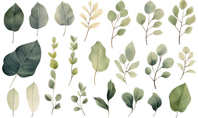 set of Branches leaves green plants in watercolor illustration png isolated on a transparent background, clipart 