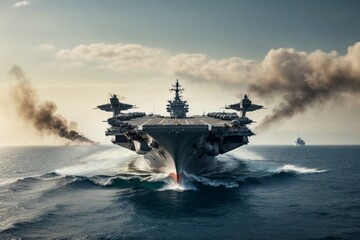 a military marine ship with fighter gets  - obrazy, fototapety, plakaty