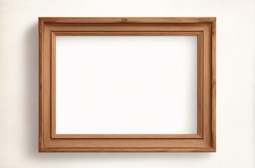 Marco vertical rectangular fino de madera clara colgado en una pared con textura blanca, plano, vista superior, ilustración 3D.