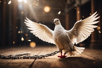 a white pigeon with spreading feathers of peace on dark background with copy space area