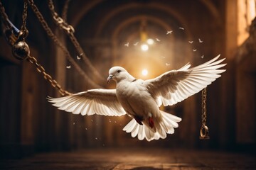 a white pigeon with spreading feathers of peace on dark background with copy space area