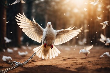 a white pigeon with spreading feathers of peace on dark background with copy space area