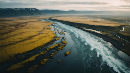 Aerial abstract of a river in Iceland. Seen from a plane.  generative, AI.