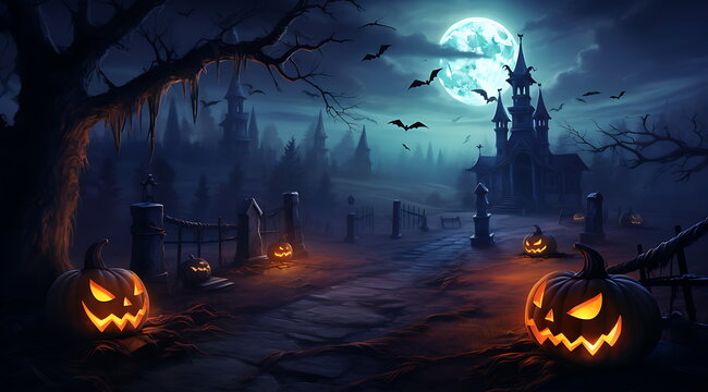 the cemetery with scary alloween pumpkins. Generative AI