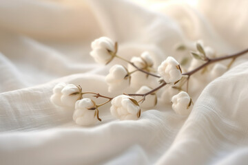 Fototapeta na wymiar Cotton plant on a soft fabric. Background image. Created with Generative AI technology