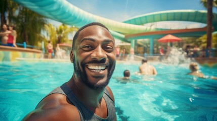 Selfie, Portrait of a happy smiling African American man in a water park. Copy space. Summer, vacations, travel, recreation and entertainment concepts.