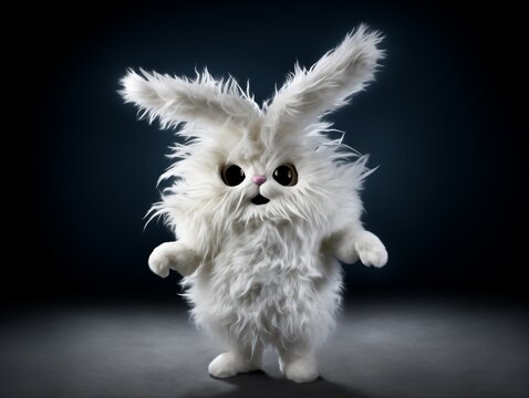 Digital illustration of a funny cute diabolical bunny monster, lovely terrific nightmarish evil creature, awful scary white rabbit cuddle plush toy, wicked devilish mutant Dr Jekyll and Mr Hyde pet