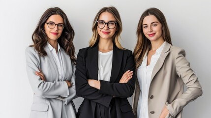 three beautiful business woman’s, standing, smiling proudly, looking in camera, isolated on white background, - obrazy, fototapety, plakaty