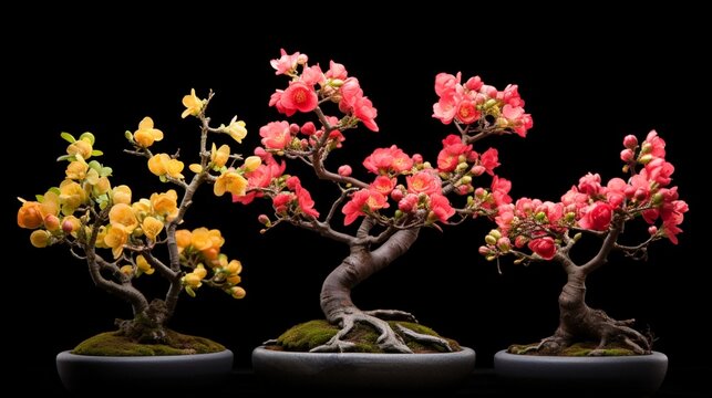 A dynamic shot capturing the Quince Bonsai in different stages of growth, from buds to blossoms, portraying the seasonal beauty of this carefully nurtured miniature tree.