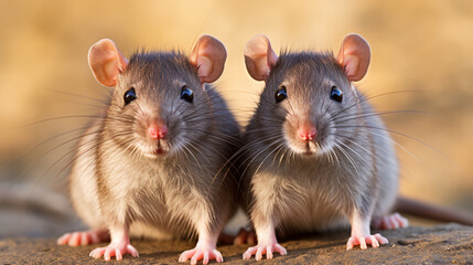 Close up of two gray rats looking at the camera with blurred background