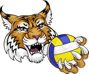 A wildcat cougar lynx lion volleyball animal sports mascot holding a volley ball in his claw