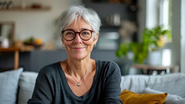 A cheerful woman with grey hair and glasses, sitting on a sofa at home, smiles warmly into the camera, radiating happiness and contentment in a cozy domestic portrait