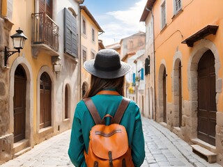 Fototapeta premium young woman with backpack in the city