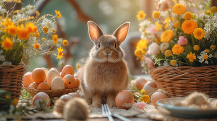 Fototapeta na wymiar easter bunny with easter eggs in yellow sunlit photo