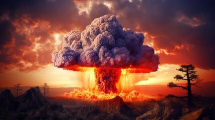 With the Doomsday clock now set to 90 seconds a nuclear explosion takes place - obrazy, fototapety, plakaty