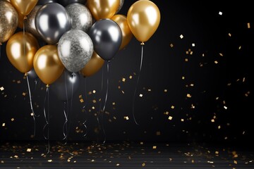Gold and silver balloon with confetti dark background with generative ai