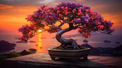 A breathtaking sunset moment highlighting the silhouette of a Bougainvillea Bonsai against a warm,...