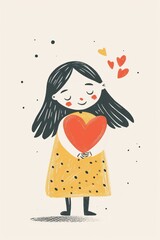 A sweet girl holds a red heart with joy.