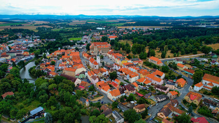 Aerial view around the old town of Horsovsky Tyn in the czech republic on a cloudy day in late...