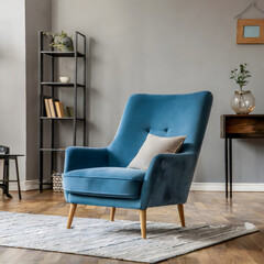 Real photo of a blue, wide chair standing on a rug in a spacious living room interior. Generative AI.