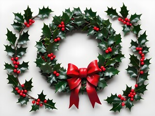 Fototapeta na wymiar christmas wreath of holly, berries and fir branches on white background. flat lay, top view. high quality photo
