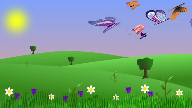 Cartoon animated Spring nature landscape with butterflies flying on the background