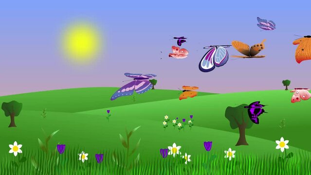Cartoon animated Spring nature landscape with butterflies flying on the background