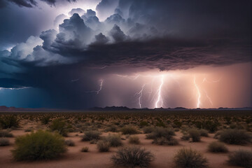 Dramatic view of heavy thunder storm coming over the desert