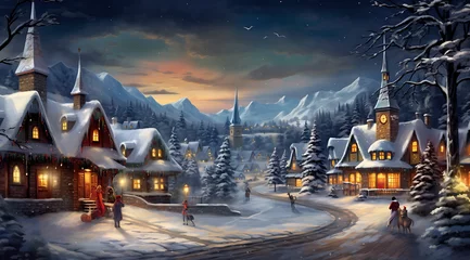 Foto op Canvas a Christmas village with snow on the ground. Generative AI © imam