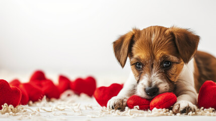 Jack Russell Terrier puppy with red hearts on a white background. A cute prankster with charming eyes on a blurred background of scarlet hearts. Space for text. Concept of holiday card, love message.