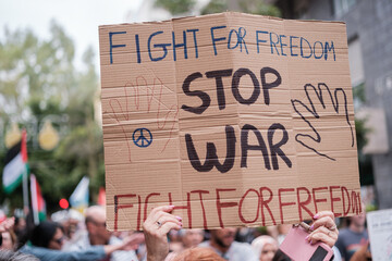 Anti-war banner at a public demonstration. Concept: peace, stop war