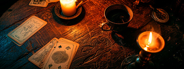 Tarot cards and candles on the table. Selective focus.