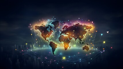 World of Unity: Artistic Map Illuminated with Symbols of Love and Positive Connections